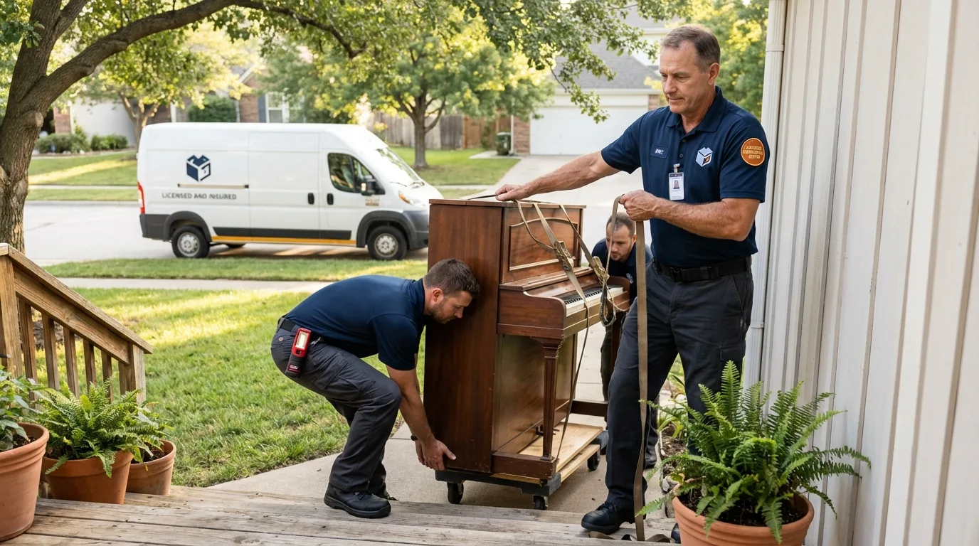 Licensed piano movers securing grand piano in Ripon, WI