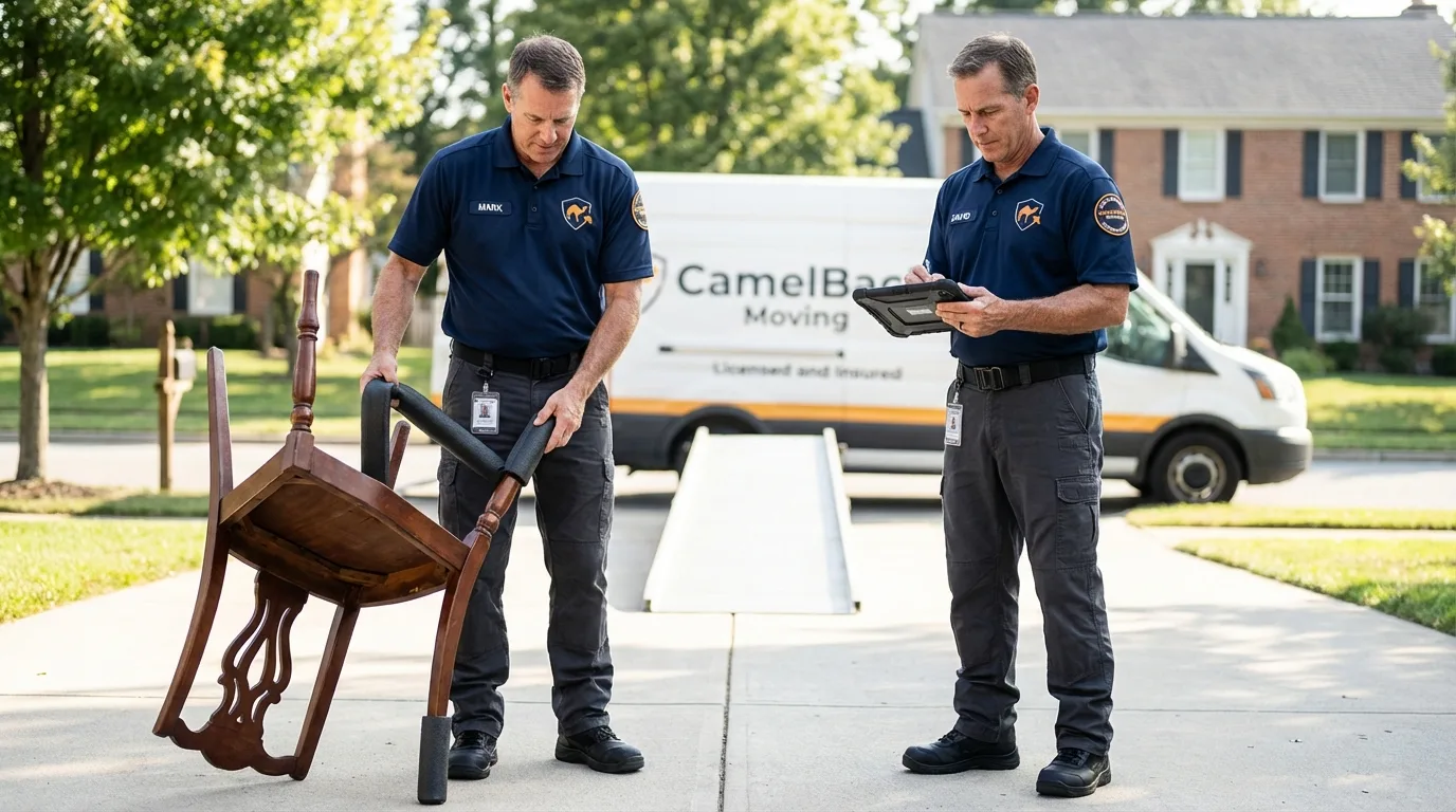 Movers inspecting furniture for damage prevention before loading in Ripon, WI