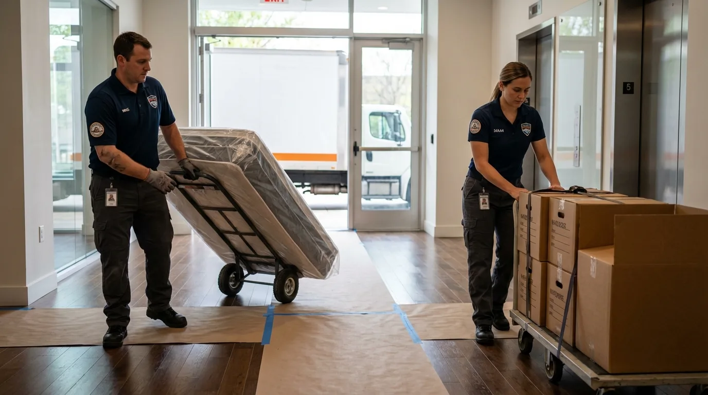 Professional apartment movers loading elevator in Ripon, WI