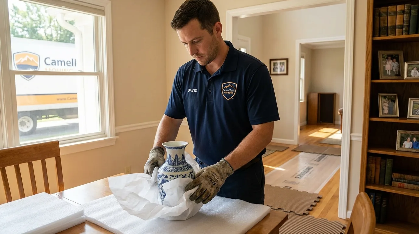 Professional crew carefully wrapping antique vase for senior downsizing move in Ripon, WI